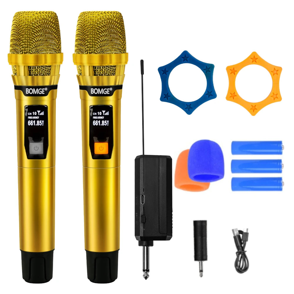 Professional 2 Channel DJ Karaoke Wireless Microphone System With Bright golden mic Wireless Rechargeable Receiver for Party DJ