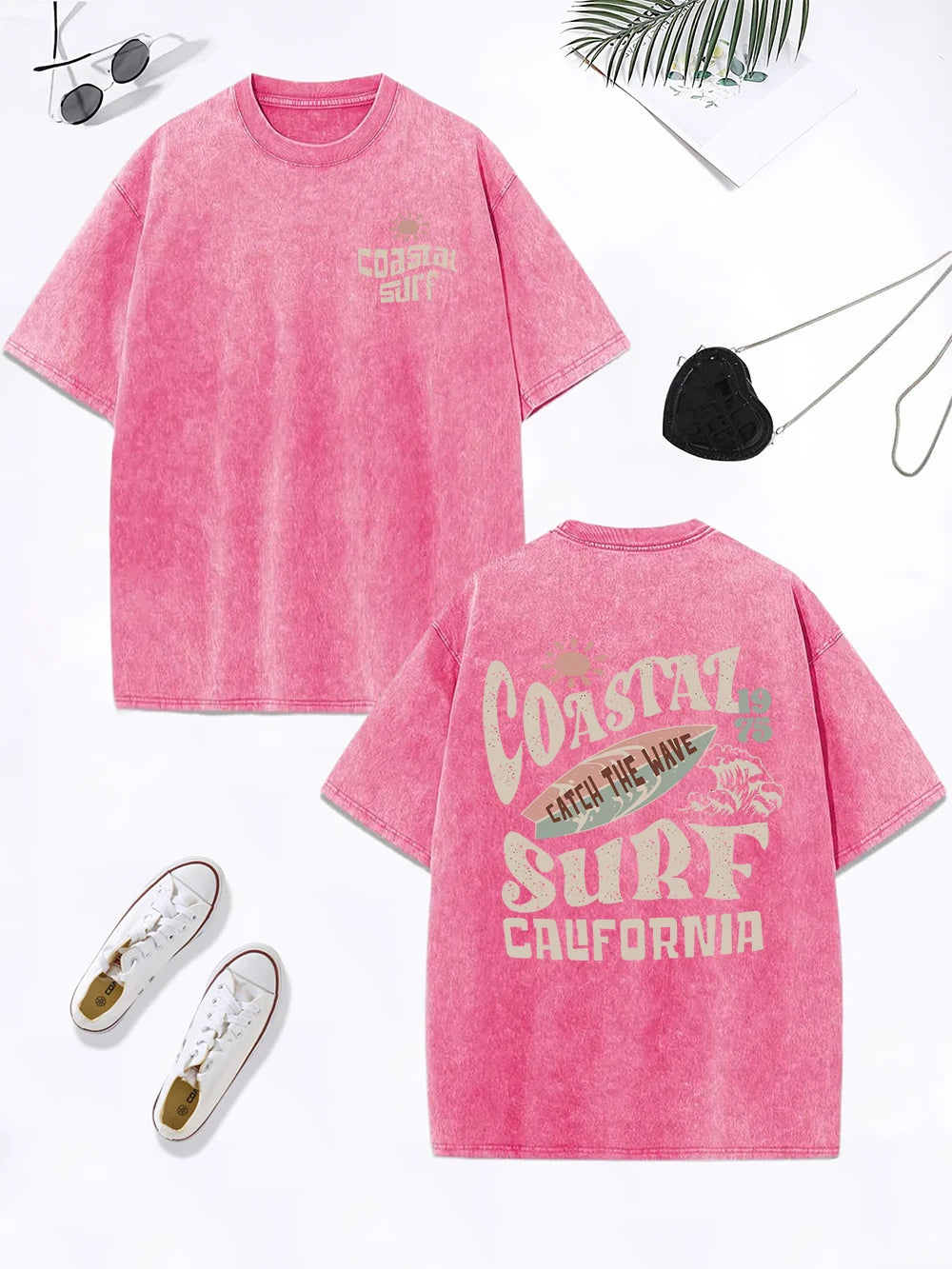 Coastal Surf Catch The Wave California Prints Washed T-Shirt Women Cotton Oversize Tops Distressed O-Neck T Shirt Summer Clothes