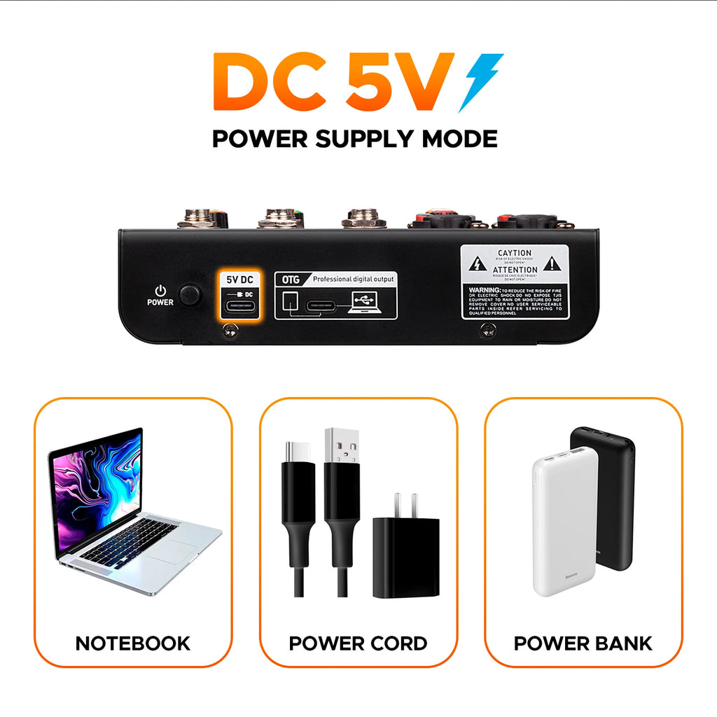 Debra Mini6 Audio Mixer DJ Console Bluetooth 5.0 OTG Reverb 48V Sound Card For Live Broadcast PC Recording