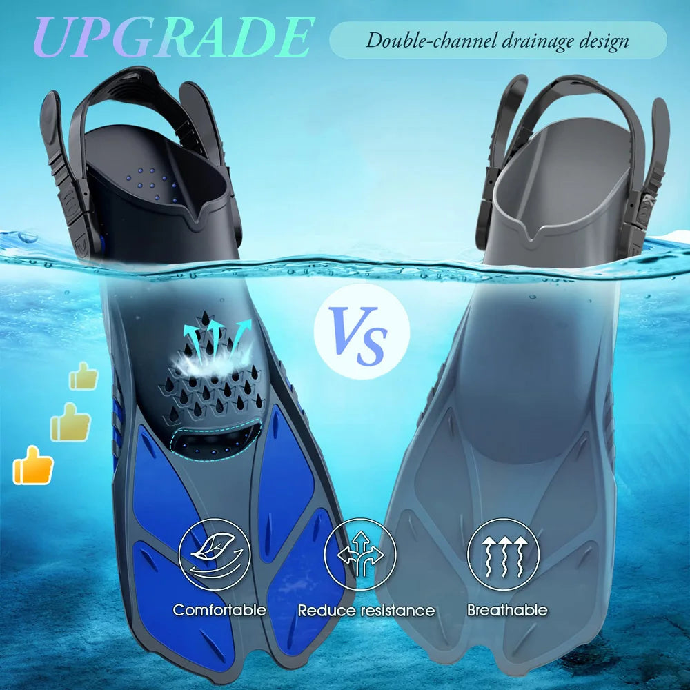 Snorkel Fins Swimming Flippers Adjustable Buckles Short Silicone Scuba Diving Shoes Open Heel Travel Size Adult Men Womens
