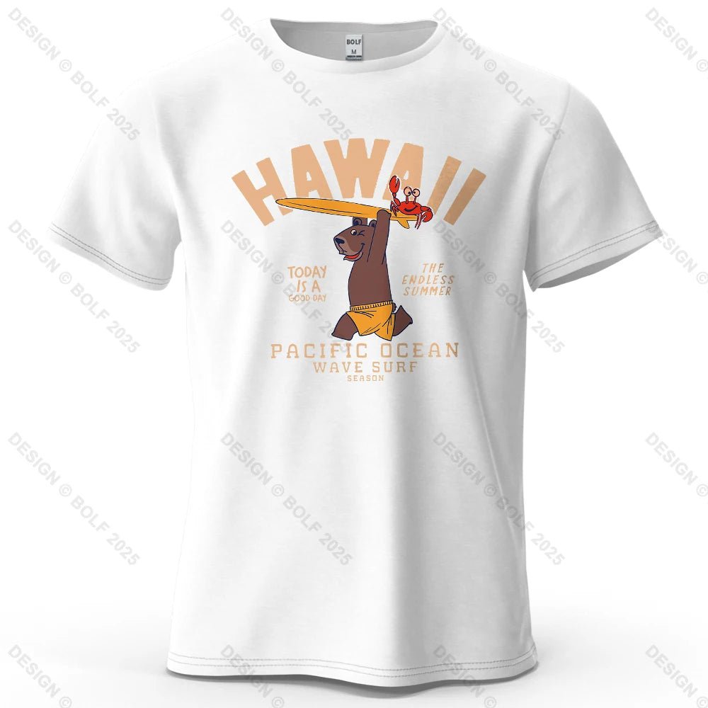 Bear with Surfboard and Crab Printed Men's T-Shirt 100% Cotton Oversized Surfing Funny Tees for Women Tops Tees Streetwear