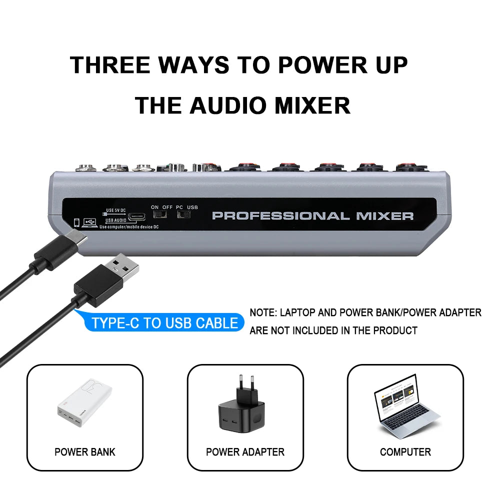Professional 7 channels Audio mixer portableDJ karaoke Mixing Console With USB Interface Sound Card BT 48V PC MP3 DJ Recording