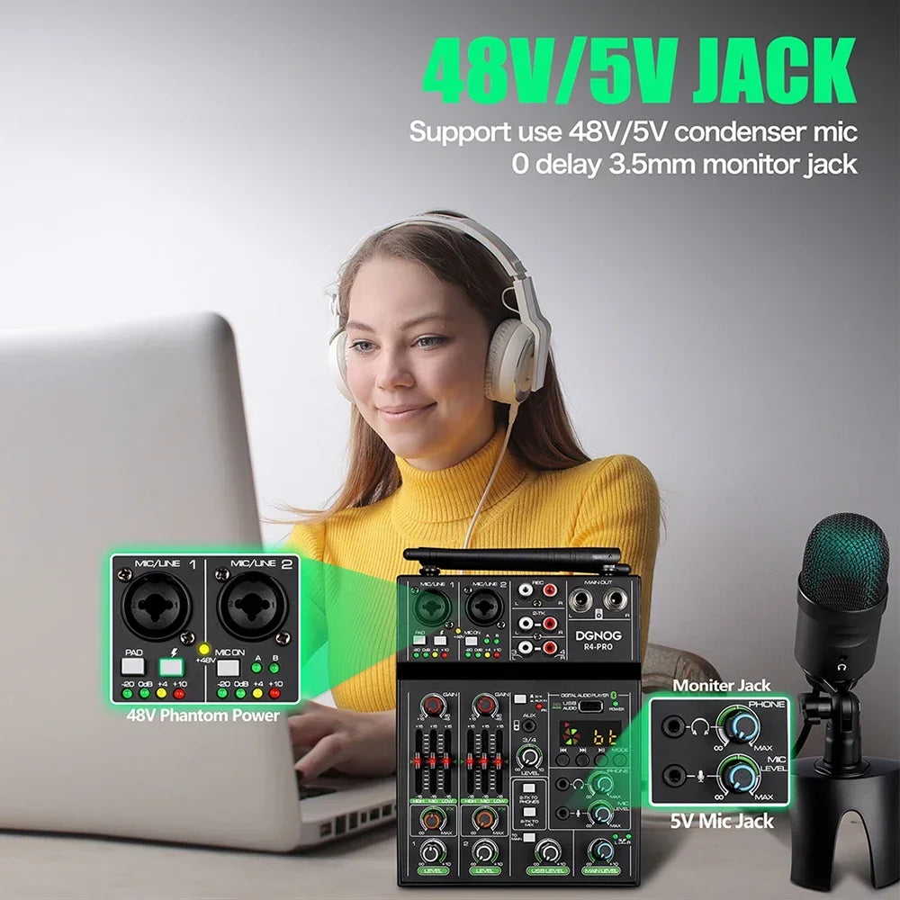 DGNOG 4 Channel Audio Mixer USB Mixer Bluetooth Console with Wireless Microphone DJ Mixer for Party Karaoke Machine Sound Bar