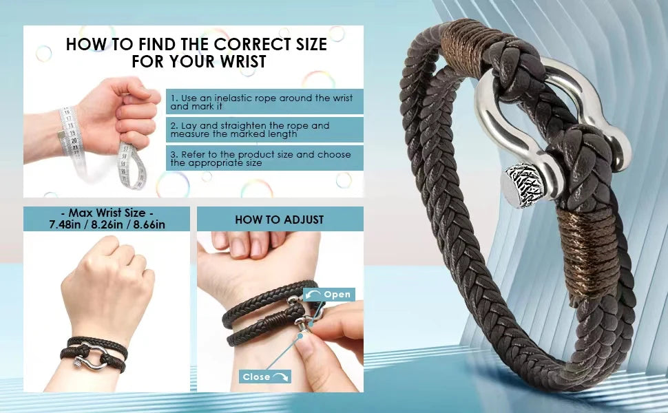 Kirykle Nautical Bracelets for Men Multilayer Leather Bracelets with Stainless Steel Anchor Shackle Handmade Ideal Gift for Dad