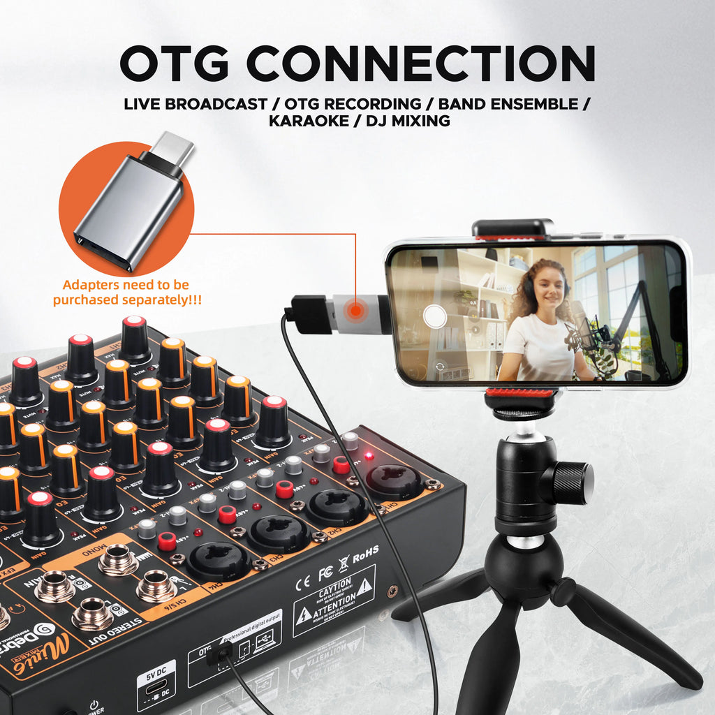Debra Mini6 Audio Mixer DJ Console Bluetooth 5.0 OTG Reverb 48V Sound Card For Live Broadcast PC Recording