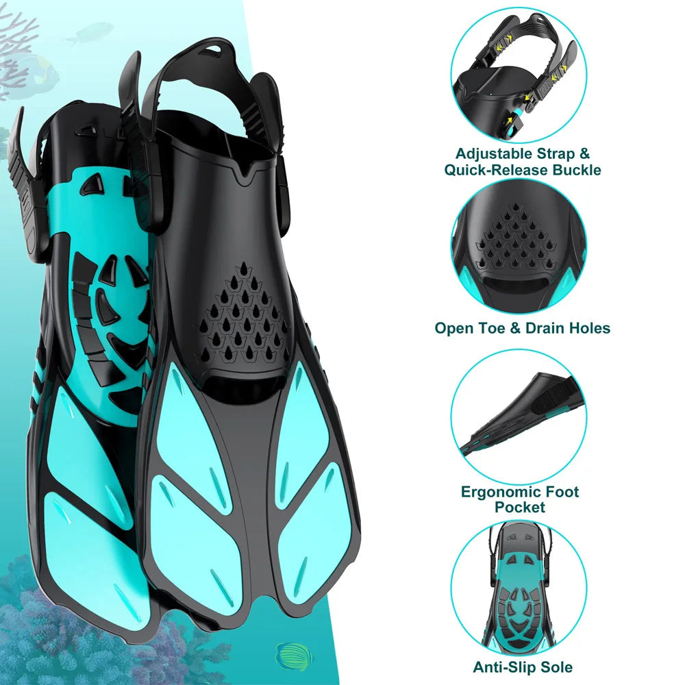 Snorkel Fins Swimming Flippers Adjustable Buckles Short Silicone Scuba Diving Shoes Open Heel Travel Size Adult Men Womens