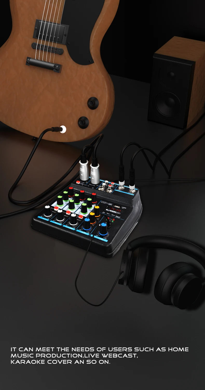 4 Channel Mixer DJ Mixing Console with Bluetooth 48V Phantom Power Monitor Karaoke System USB Mixer Audio