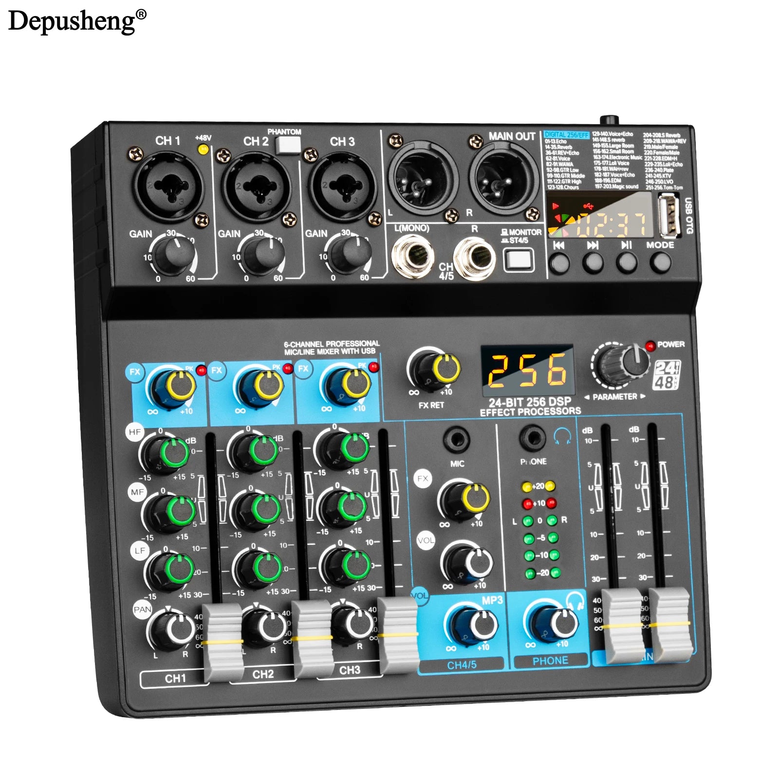 USB Mixer 5 Channel Depusheng DJ Sound Controller Mini Mixer Professional Audio Portable Sound Mixing Console with 256 DSP