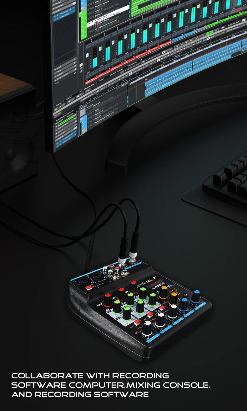 4 Channel Mixer DJ Mixing Console with Bluetooth 48V Phantom Power Monitor Karaoke System USB Mixer Audio