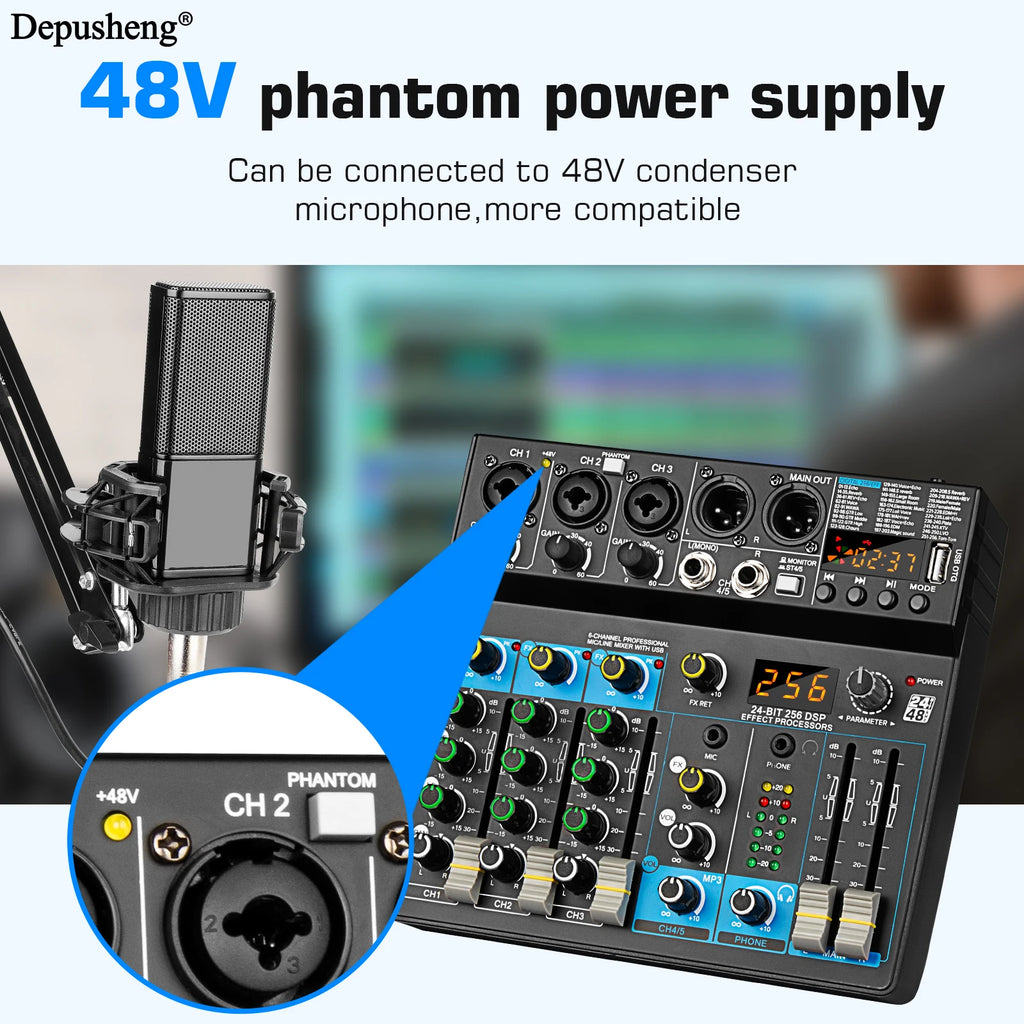 USB Mixer 5 Channel Depusheng DJ Sound Controller Mini Mixer Professional Audio Portable Sound Mixing Console with 256 DSP