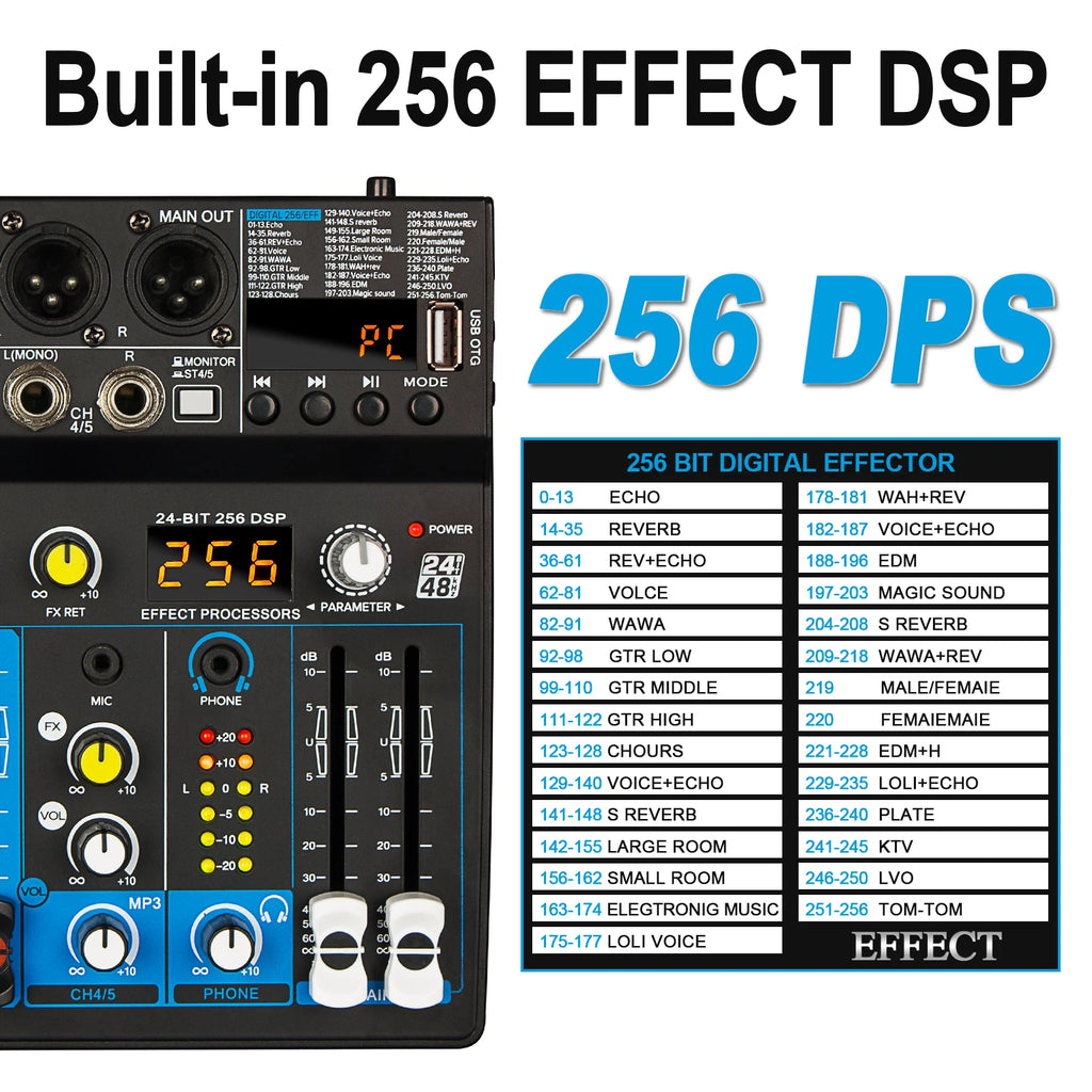 5 Channel USB Mixer Depusheng  DJ Sound Controller Mini Mixer Professional Audio Portable Sound Mixing Console with 256 DSP