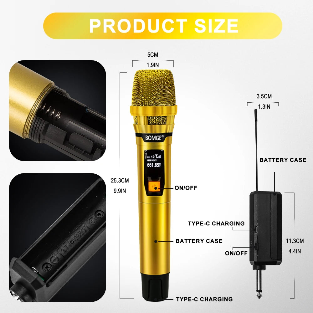 Professional 2 Channel DJ Karaoke Wireless Microphone System With Bright golden mic Wireless Rechargeable Receiver for Party DJ