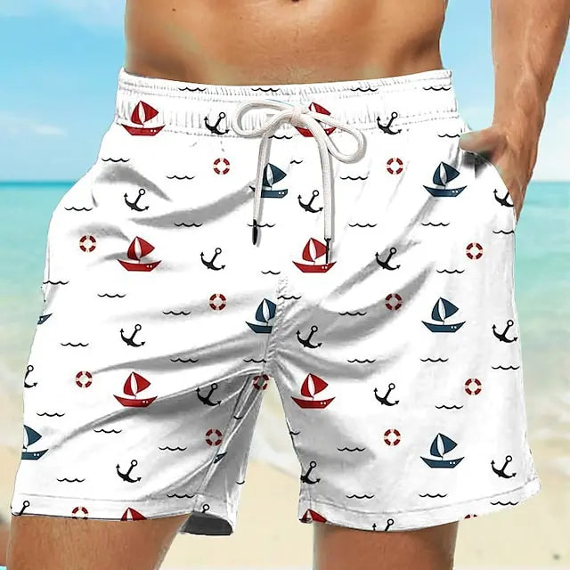 Men's Boat Printed Surfing Short Pants Travel Holiday Beach Shorts Outdoor Activities Quick Drying Breathable Male Swimming Wear
