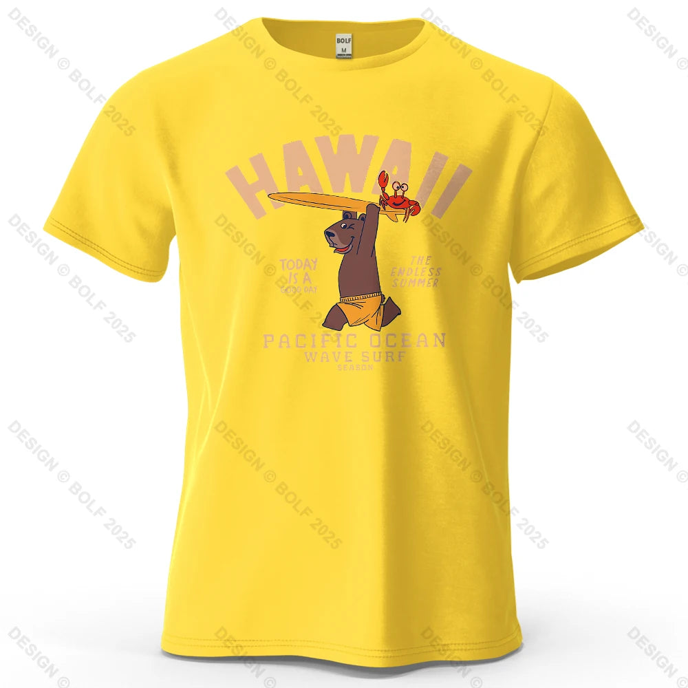 Bear with Surfboard and Crab Printed Men's T-Shirt 100% Cotton Oversized Surfing Funny Tees for Women Tops Tees Streetwear