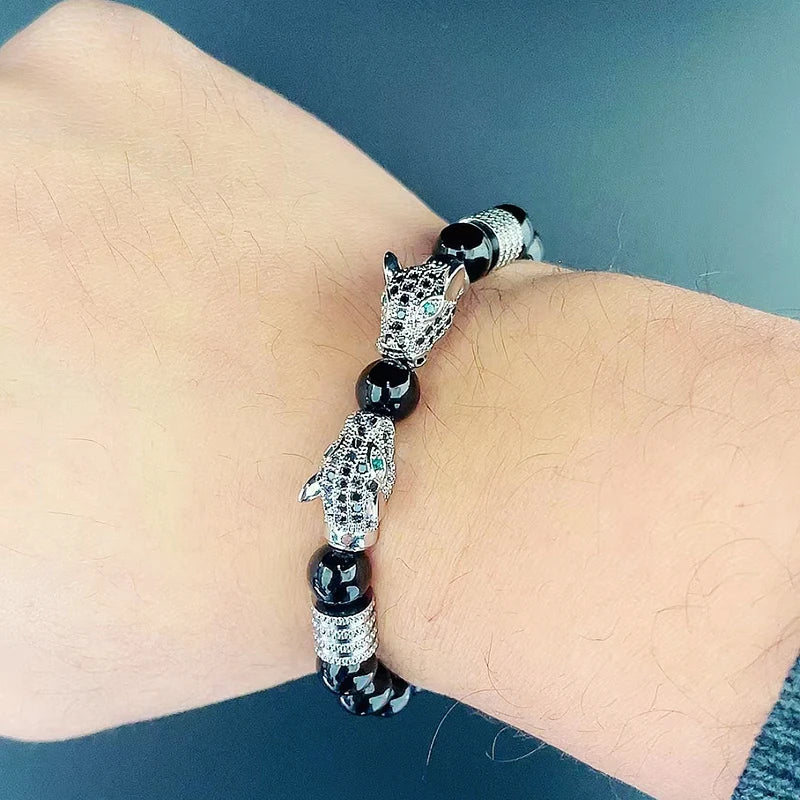 Luxury Black Stone Beads Man Bracelet Leopard Head Charms Women Bracelets Couple Jewelry Valentine's Day