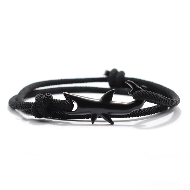 New Nautical Bracelet Men Black Shark Braslet Sliding Adjustable 3mm Milan Cord Chain Summer Beach Surfer Jewelry Accessories