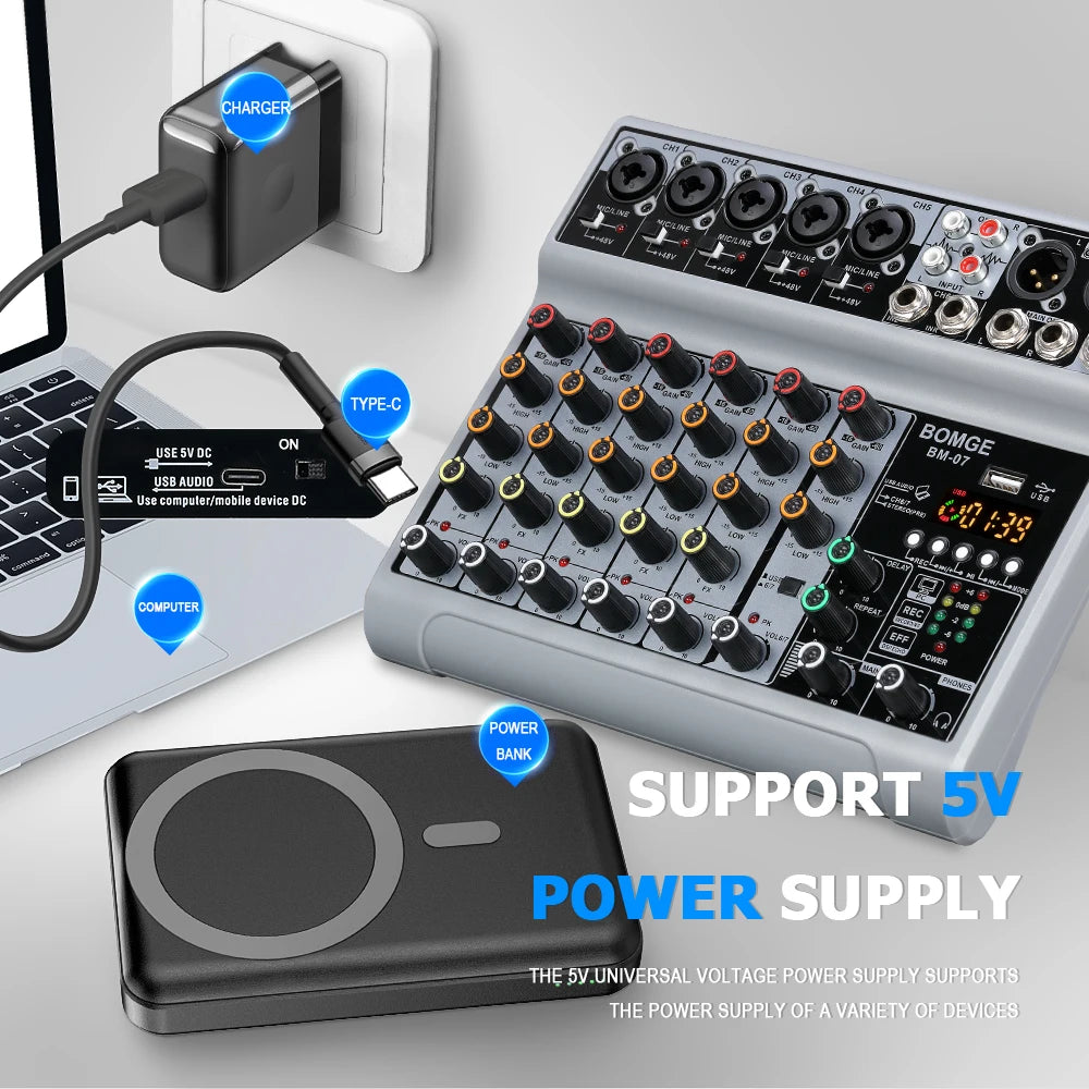 Professional 7 channels Audio mixer portableDJ karaoke Mixing Console With USB Interface Sound Card BT 48V PC MP3 DJ Recording