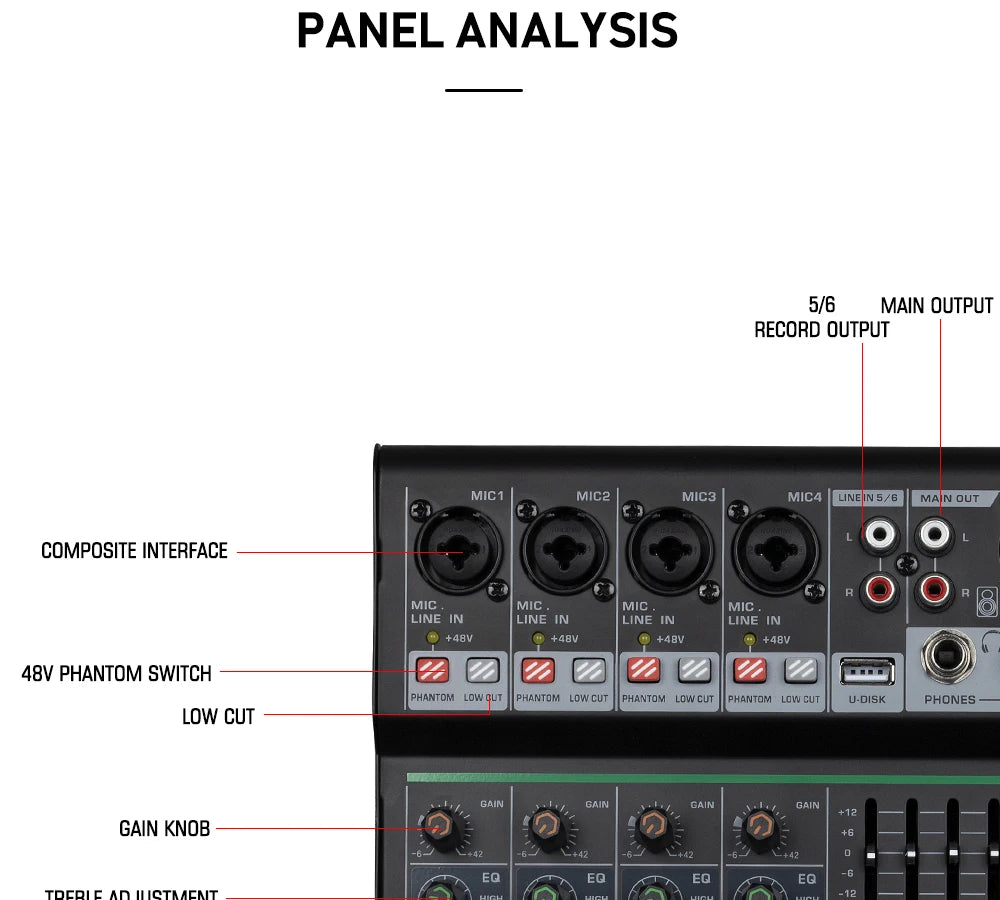 6 Channel Audio DJ Mixer Individual 48V Output 7 Band EQ 99 Effect USB Bluetooth Play Sound Mixing Console