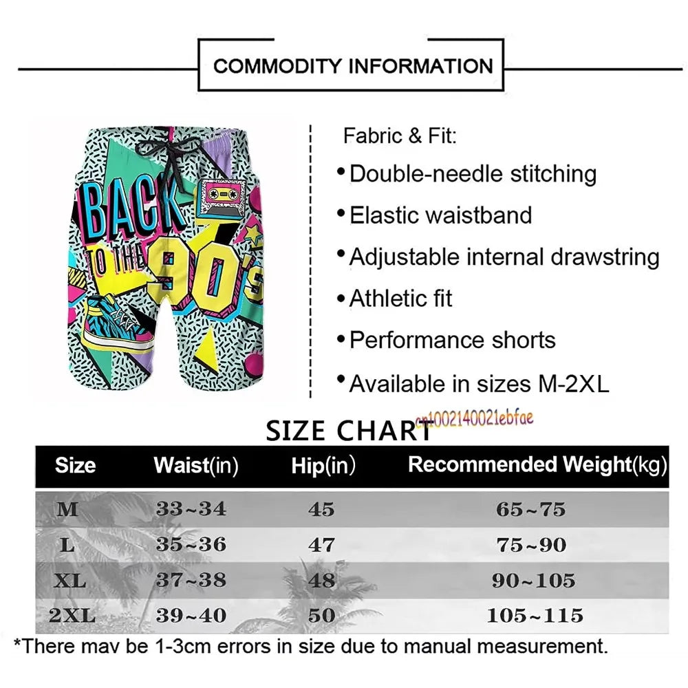Funny Retro 80s 90s Icons Mens Swim Trunks Quick Dry Beach Board Shorts Summer Surf Boardshorts with Side Pockets High Quality