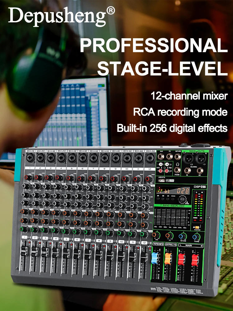Professional 12 Channel 99 DSP Audio Mixer DJ Controller Reverb Recording Mixing With Bluetooth For Recording Stage Performance