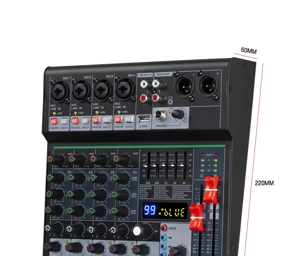 6 Channel Audio DJ Mixer Individual 48V Output 7 Band EQ 99 Effect USB Bluetooth Play Sound Mixing Console