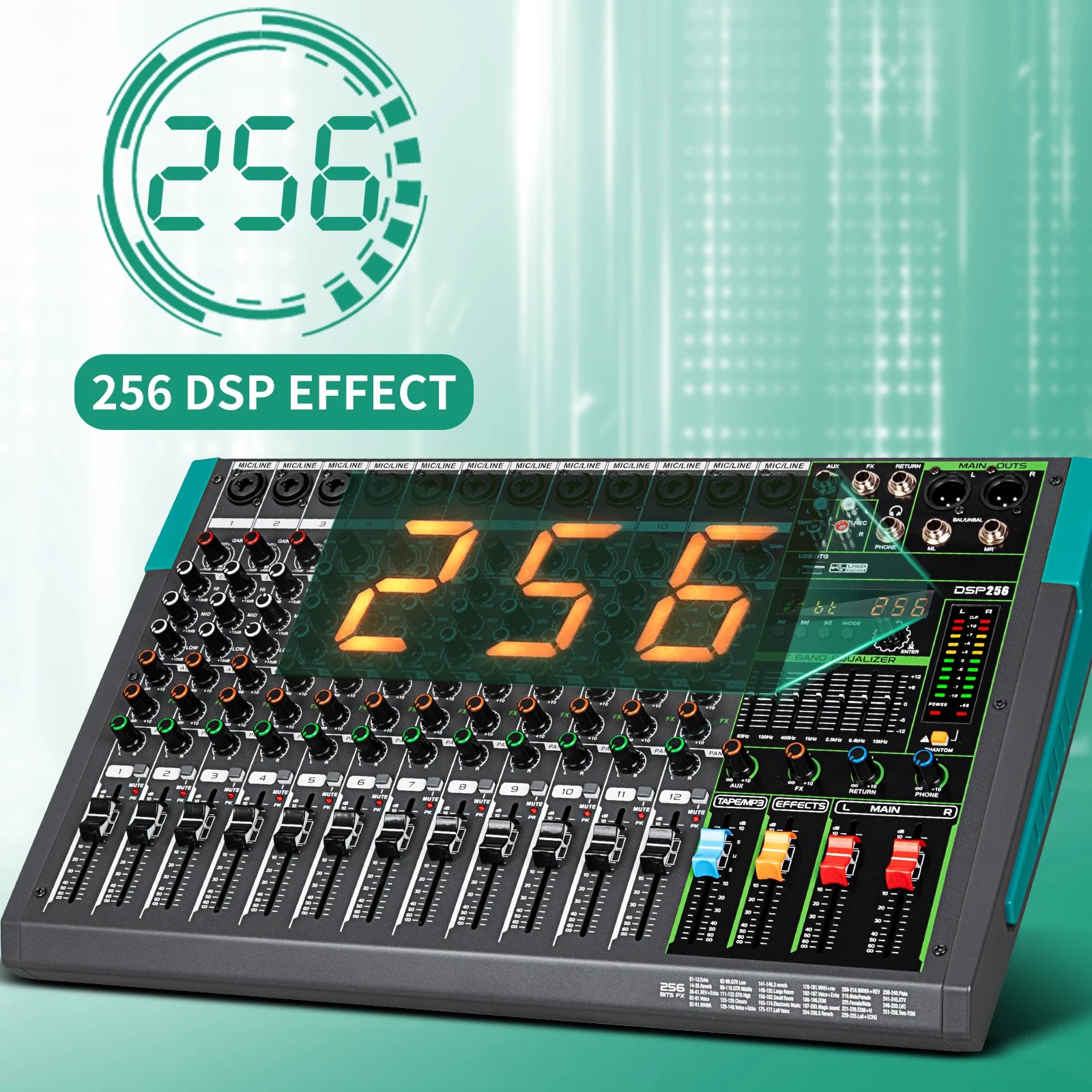 Professional 12 Channel 99 DSP Audio Mixer DJ Controller Reverb Recording Mixing With Bluetooth For Recording Stage Performance