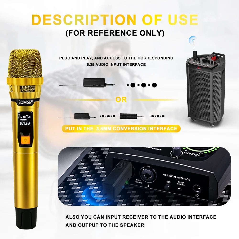 Professional 2 Channel DJ Karaoke Wireless Microphone System With Bright golden mic Wireless Rechargeable Receiver for Party DJ