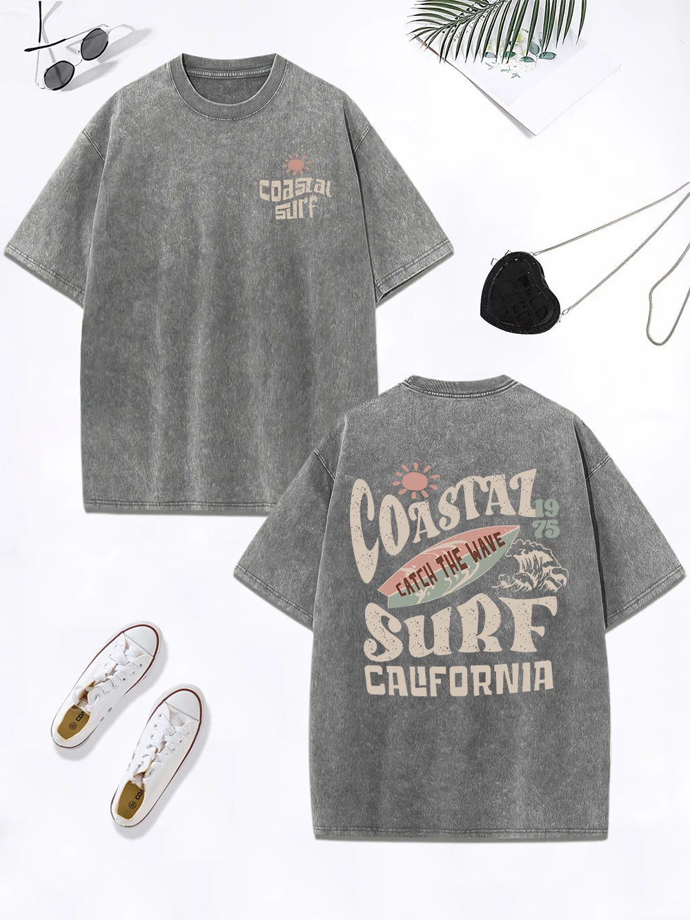 Coastal Surf Catch The Wave California Prints Washed T-Shirt Women Cotton Oversize Tops Distressed O-Neck T Shirt Summer Clothes