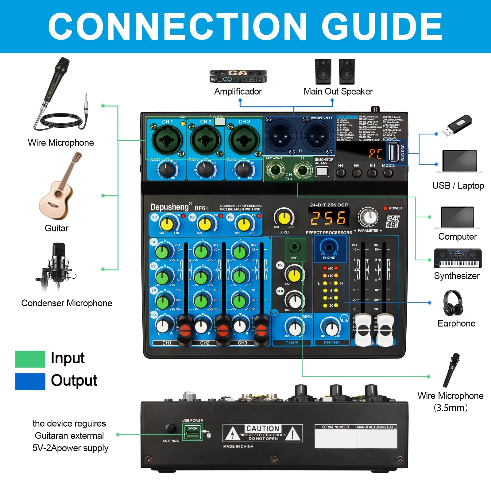 5 Channel USB Mixer Depusheng  DJ Sound Controller Mini Mixer Professional Audio Portable Sound Mixing Console with 256 DSP
