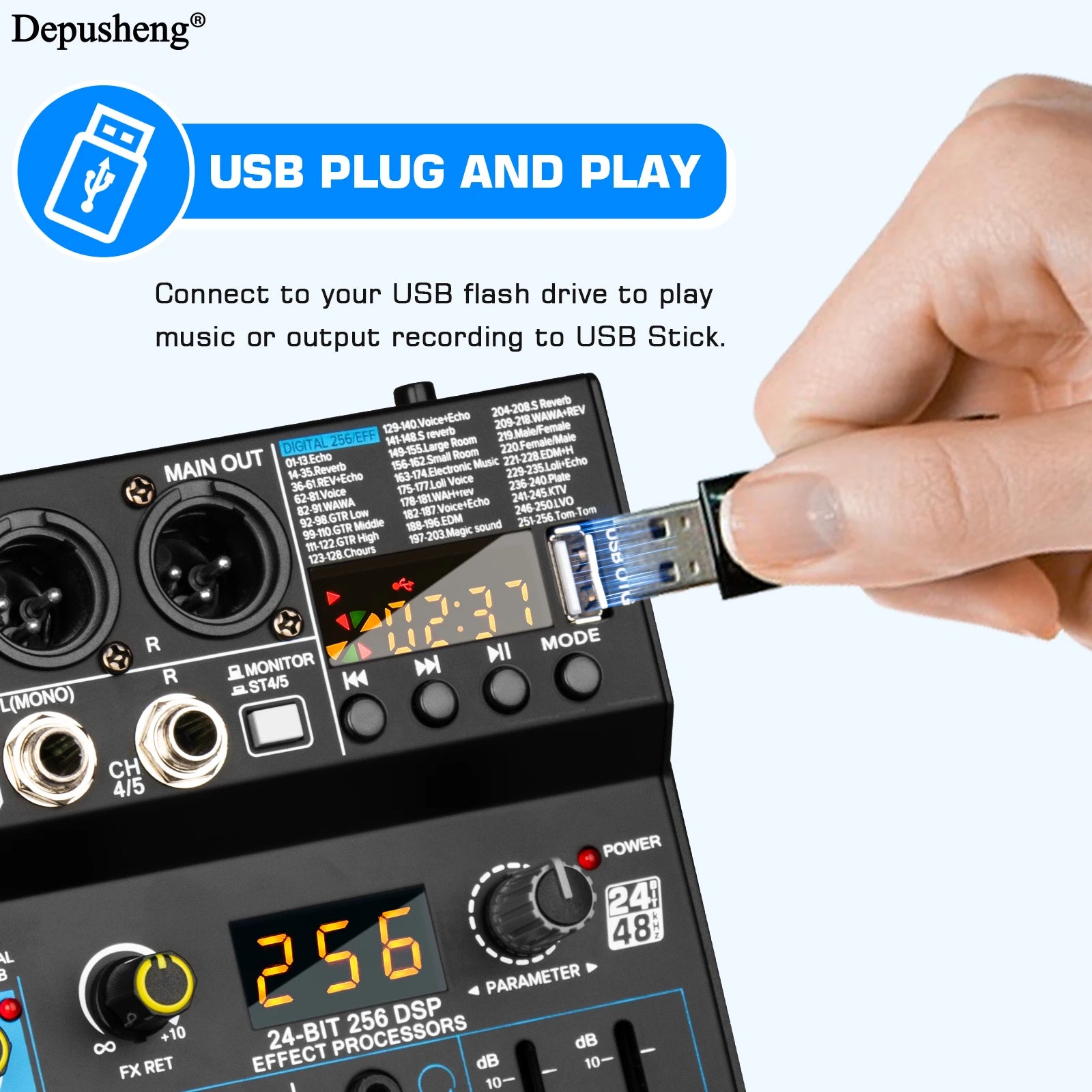 USB Mixer 5 Channel Depusheng DJ Sound Controller Mini Mixer Professional Audio Portable Sound Mixing Console with 256 DSP