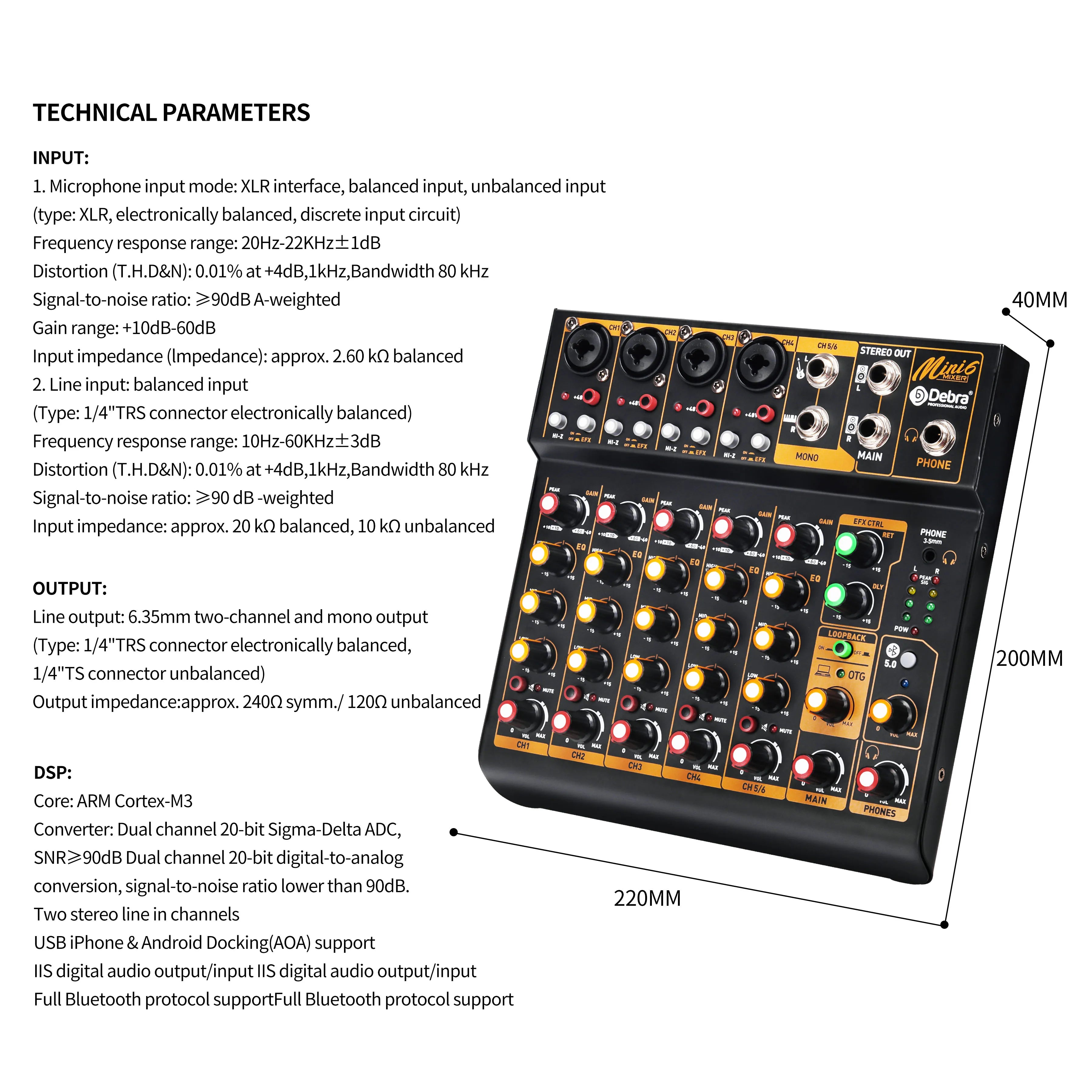 Debra Mini6 Audio Mixer DJ Console Bluetooth 5.0 OTG Reverb 48V Sound Card For Live Broadcast PC Recording