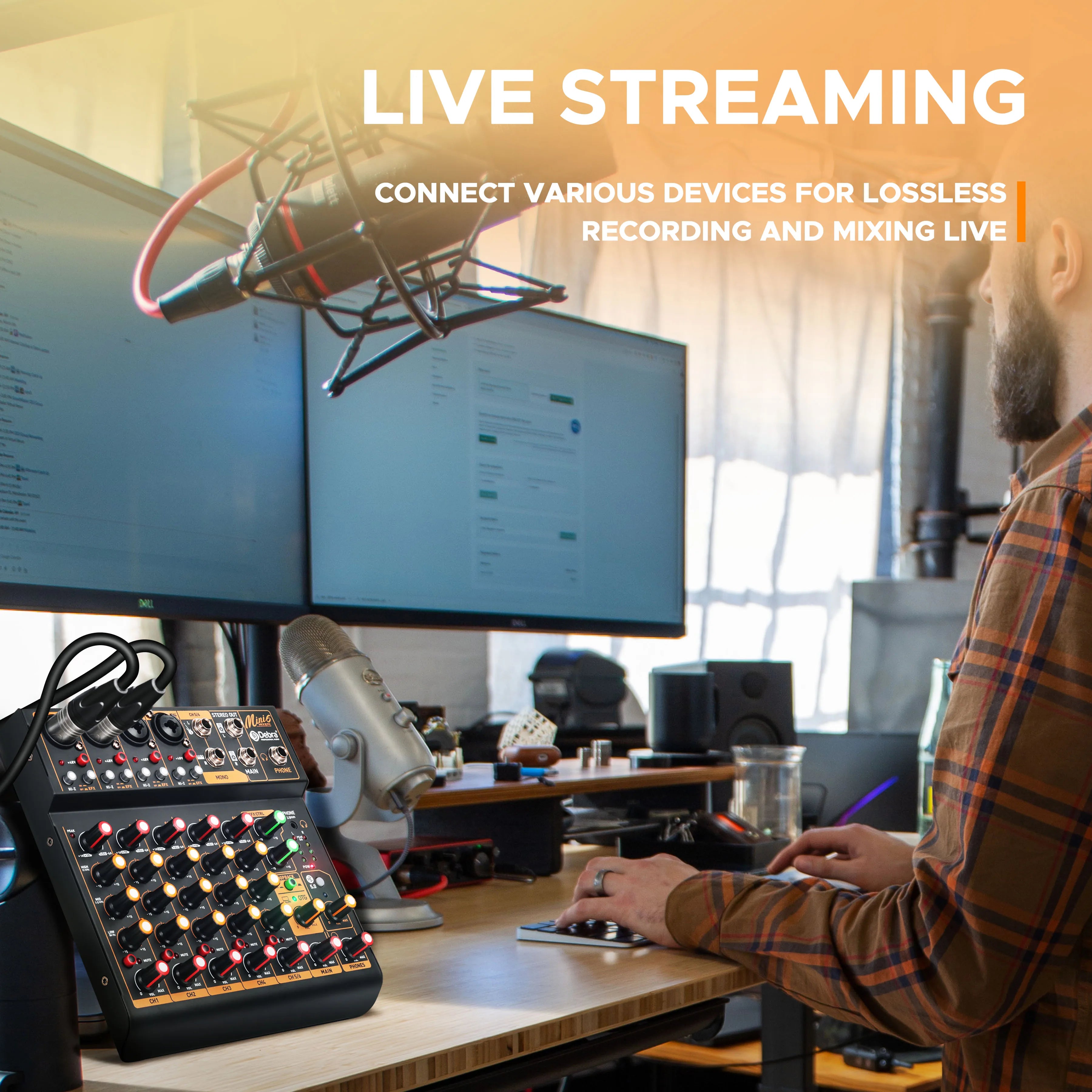 Debra Mini6 Audio Mixer DJ Console Bluetooth 5.0 OTG Reverb 48V Sound Card For Live Broadcast PC Recording