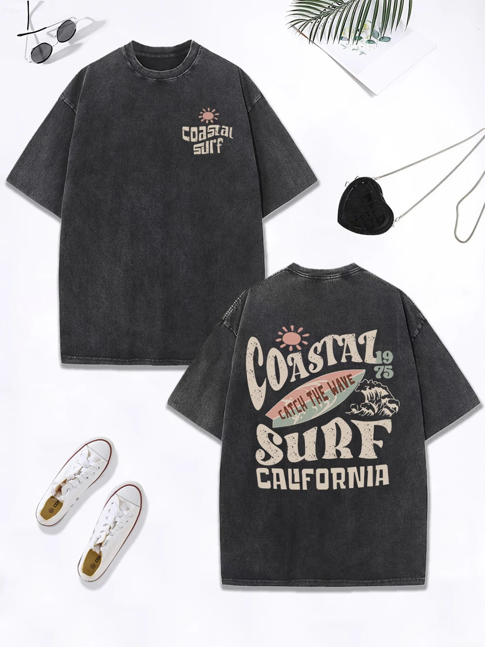 Coastal Surf Catch The Wave California Prints Washed T-Shirt Women Cotton Oversize Tops Distressed O-Neck T Shirt Summer Clothes
