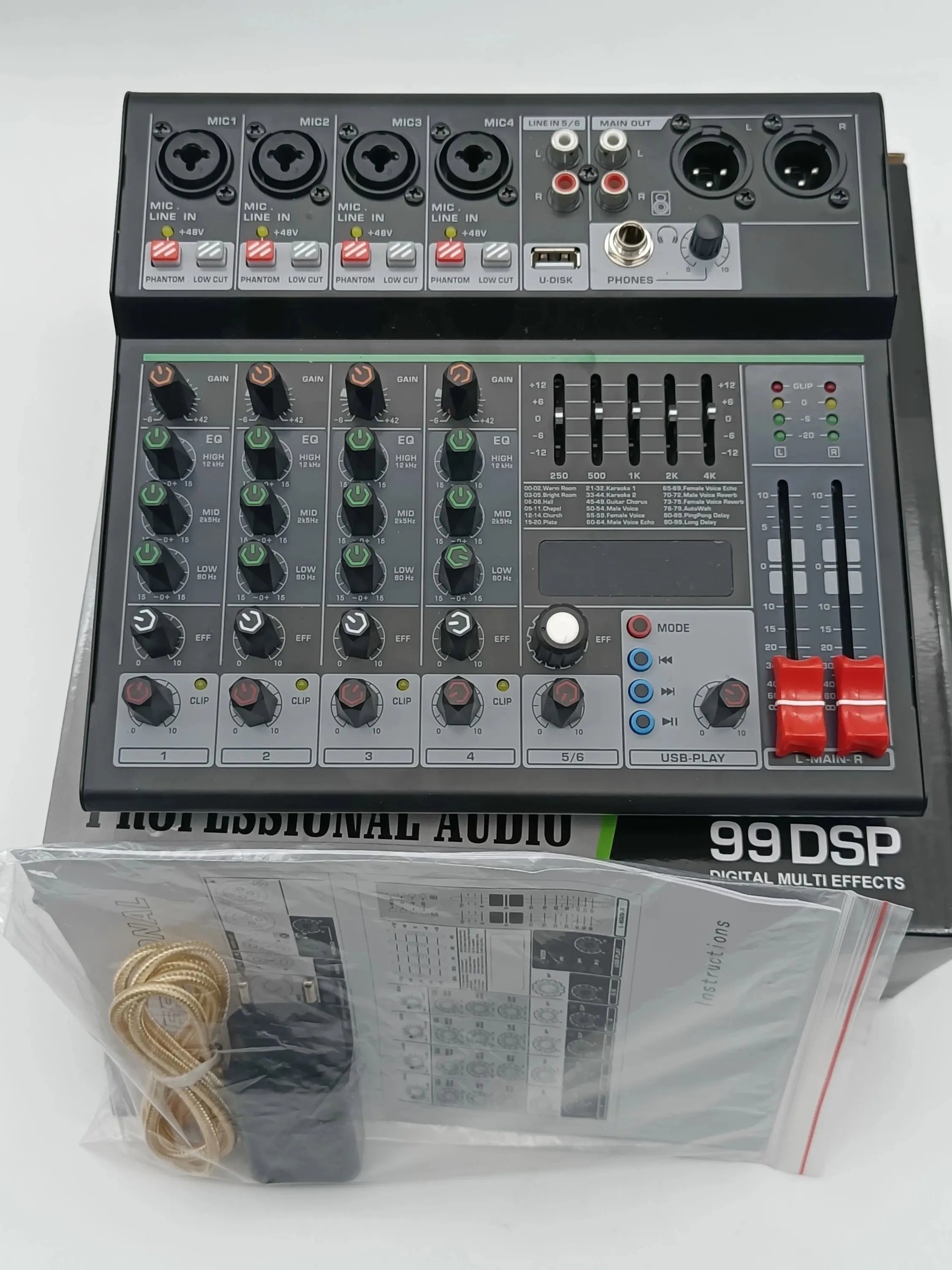 6 Channel Audio DJ Mixer Individual 48V Output 7 Band EQ 99 Effect USB Bluetooth Play Sound Mixing Console