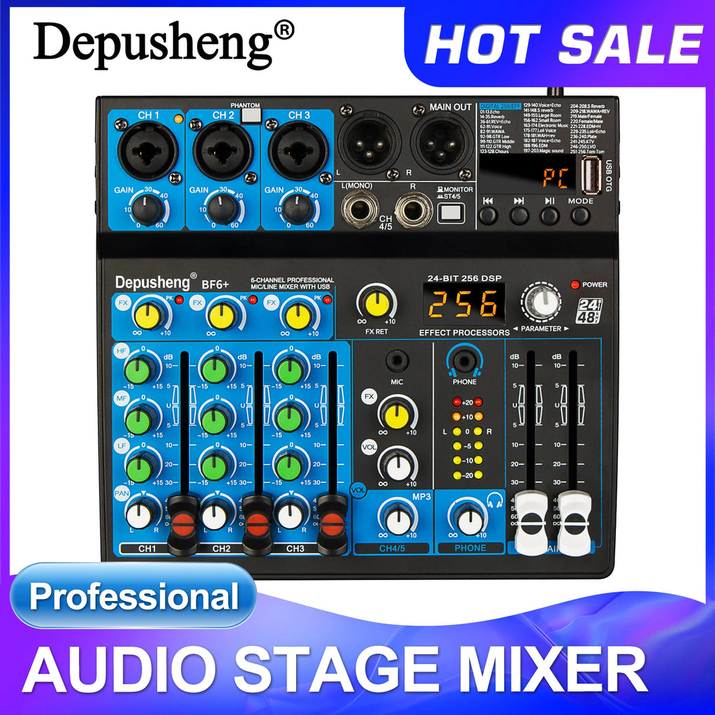 5 Channel USB Mixer Depusheng  DJ Sound Controller Mini Mixer Professional Audio Portable Sound Mixing Console with 256 DSP
