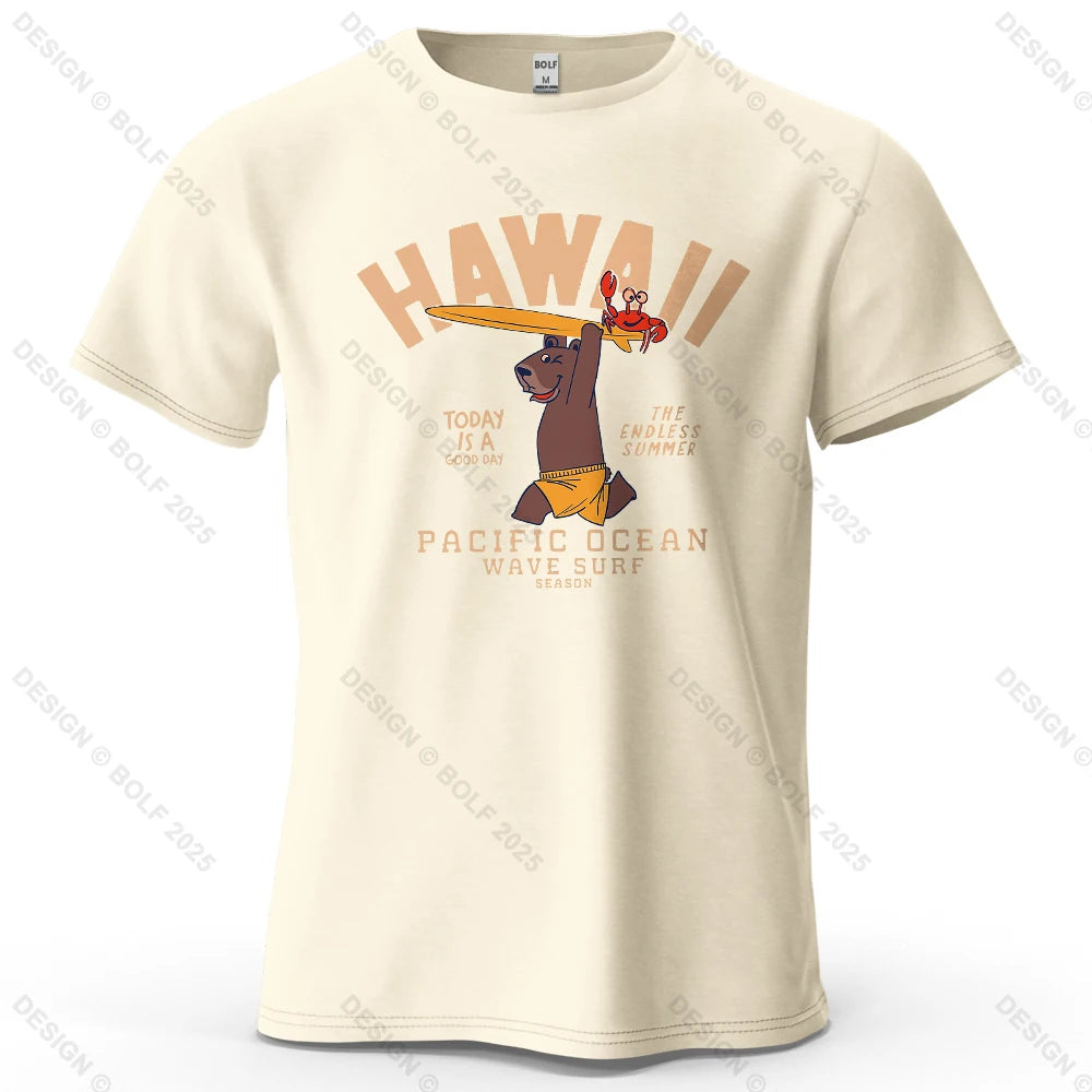 Bear with Surfboard and Crab Printed Men's T-Shirt 100% Cotton Oversized Surfing Funny Tees for Women Tops Tees Streetwear