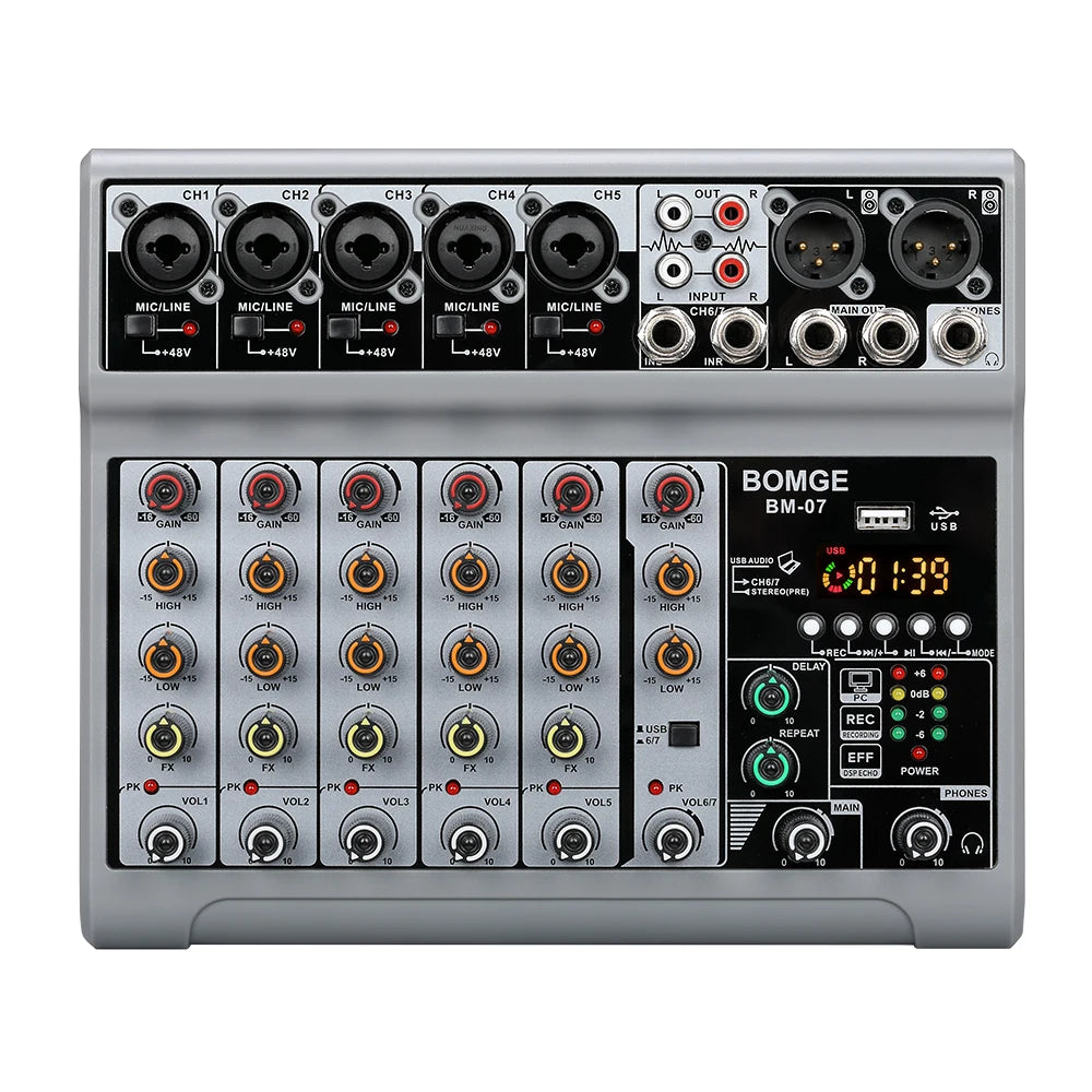 Professional 7 channels Audio mixer portableDJ karaoke Mixing Console With USB Interface Sound Card BT 48V PC MP3 DJ Recording