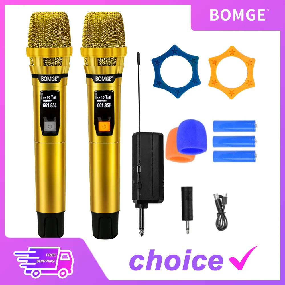 Professional 2 Channel DJ Karaoke Wireless Microphone System With Bright golden mic Wireless Rechargable Receiver for Party DJ