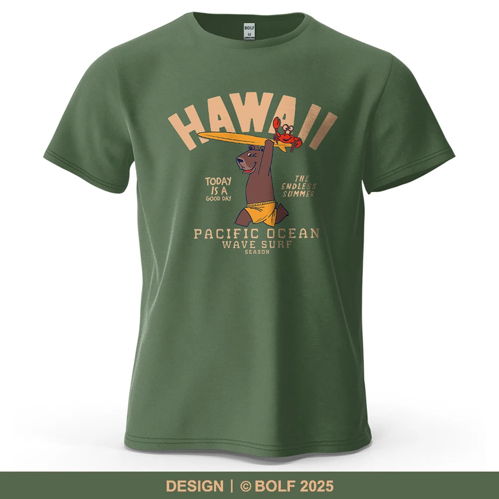 Bear with Surfboard and Crab Printed Men's T-Shirt 100% Cotton Oversized Surfing Funny Tees for Women Tops Tees Streetwear