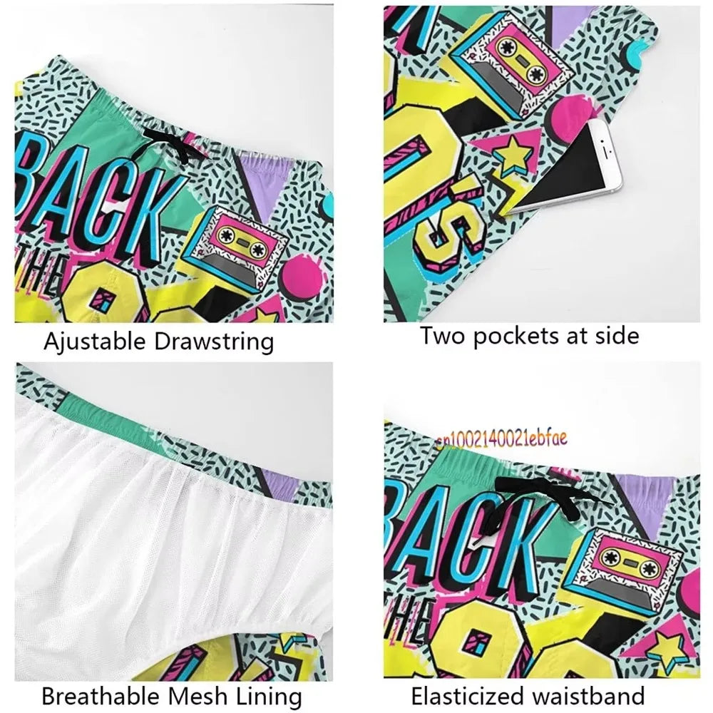 Funny Retro 80s 90s Icons Mens Swim Trunks Quick Dry Beach Board Shorts Summer Surf Boardshorts with Side Pockets High Quality