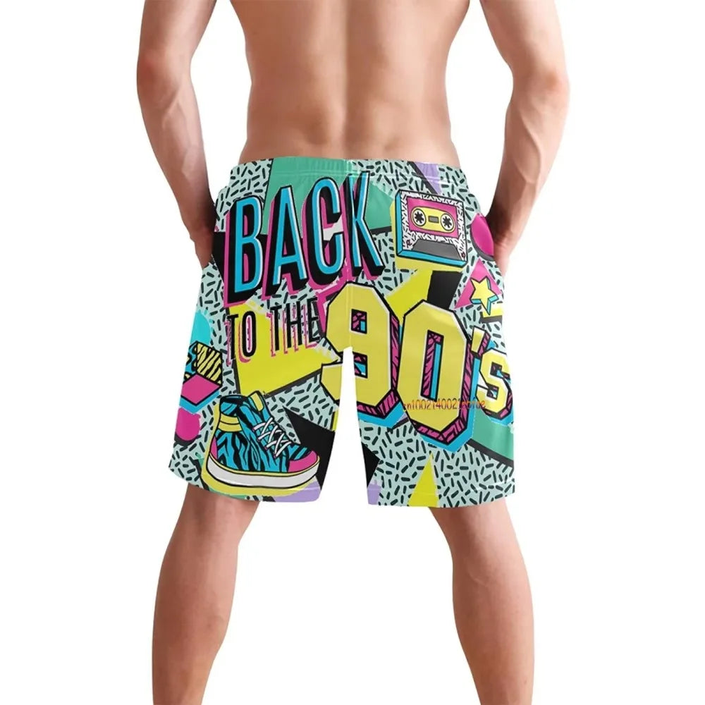 Funny Retro 80s 90s Icons Mens Swim Trunks Quick Dry Beach Board Shorts Summer Surf Boardshorts with Side Pockets High Quality