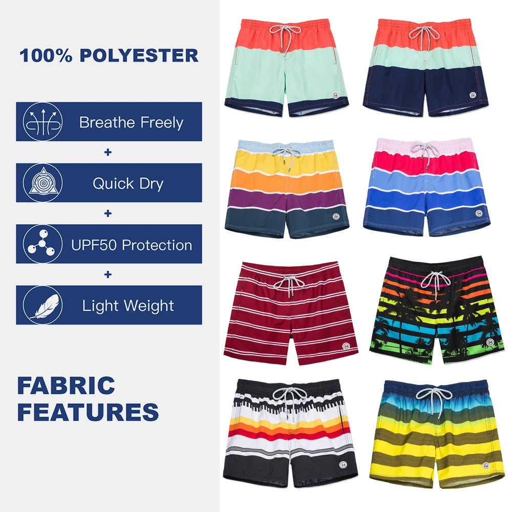 SURFCUZ Mens Swim Shorts Striped Quick Dry Beach Board Shorts with Mesh Lining Summer Male Swimwear Swimming Trunks for Men