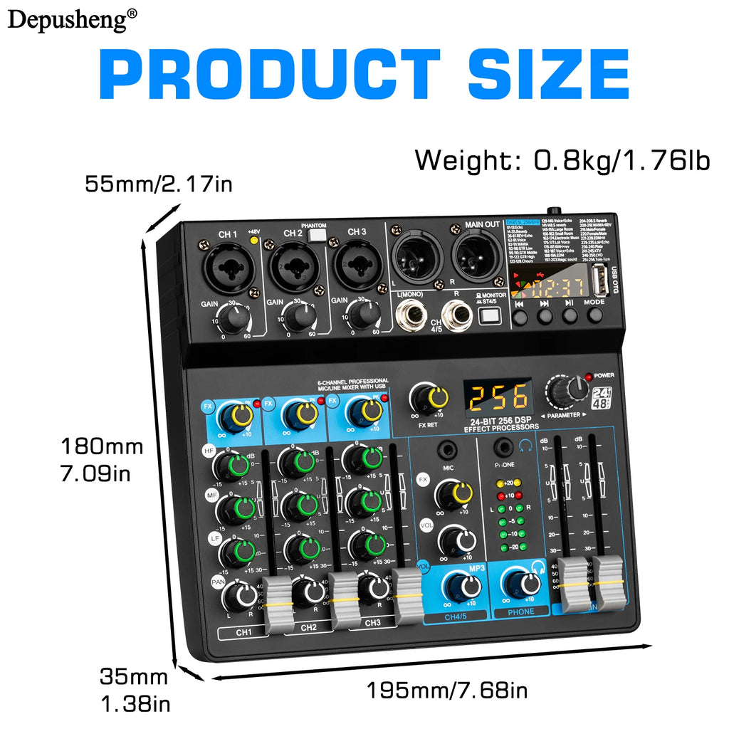 USB Mixer 5 Channel Depusheng DJ Sound Controller Mini Mixer Professional Audio Portable Sound Mixing Console with 256 DSP