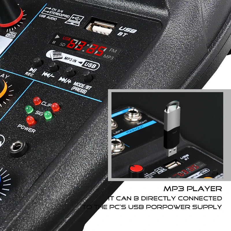 4 Channel Mixer DJ Mixing Console with Bluetooth 48V Phantom Power Monitor Karaoke System USB Mixer Audio