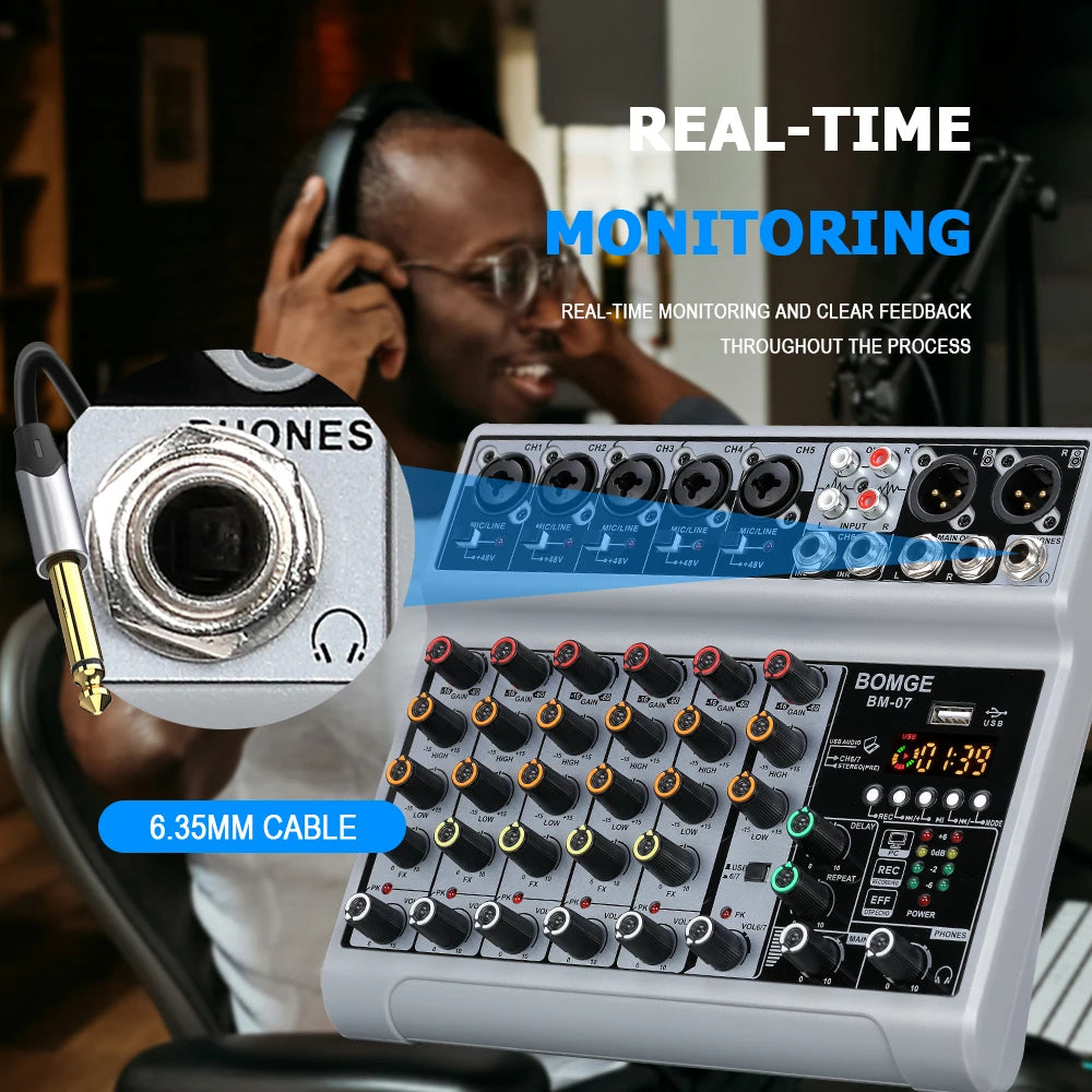 Professional 7 channels Audio mixer portableDJ karaoke Mixing Console With USB Interface Sound Card BT 48V PC MP3 DJ Recording