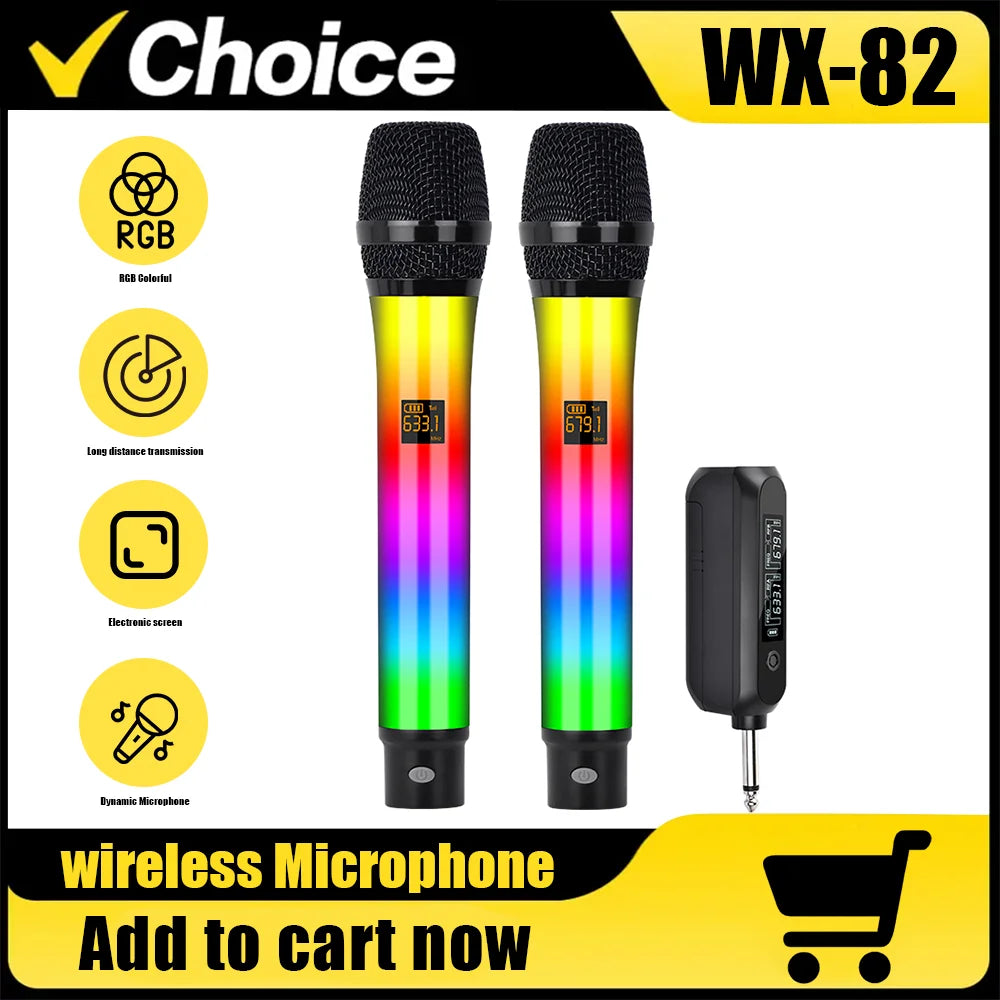 Professional 2 Channel RGB Lights Dual Handheld Dynamic Wireless Microphone DJ System Mic For Singing Wedding DJ Party Speech