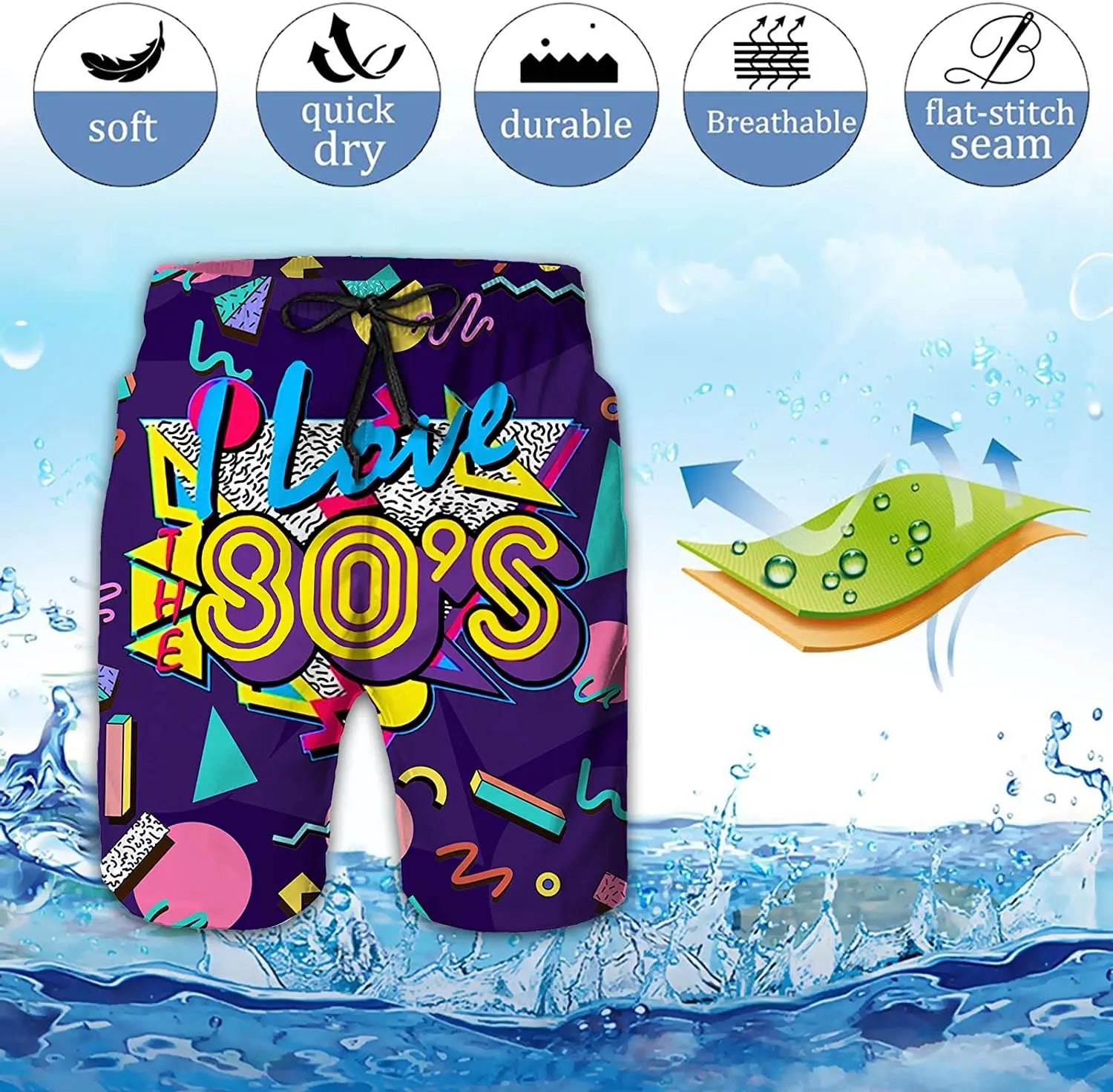 Funny Retro 80s 90s Icons Mens Swim Trunks Quick Dry Beach Board Shorts Summer Surf Boardshorts with Side Pockets High Quality