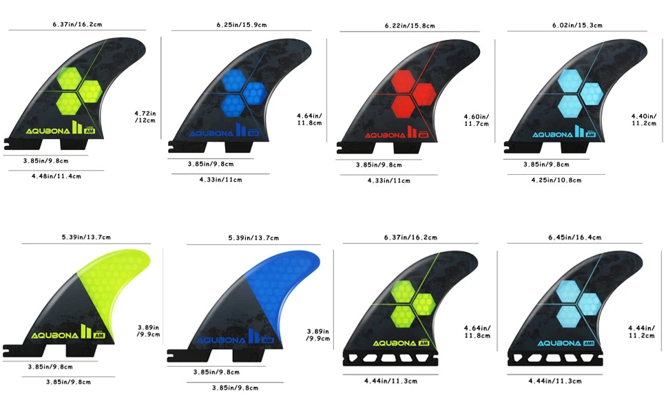 AQUBONA Fiberglass Honeycomb Surfboard Fin Thruster Surf Fin or Quad Set Single Tab or Dual Tab S/M/L Size With Key and Screws