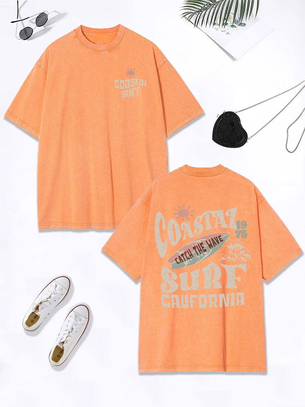 Coastal Surf Catch The Wave California Prints Washed T-Shirt Women Cotton Oversize Tops Distressed O-Neck T Shirt Summer Clothes