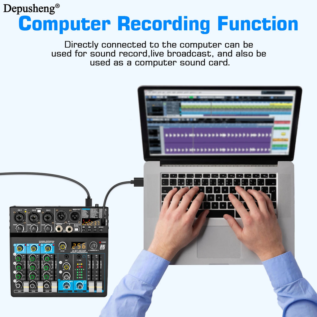 USB Mixer 5 Channel Depusheng DJ Sound Controller Mini Mixer Professional Audio Portable Sound Mixing Console with 256 DSP